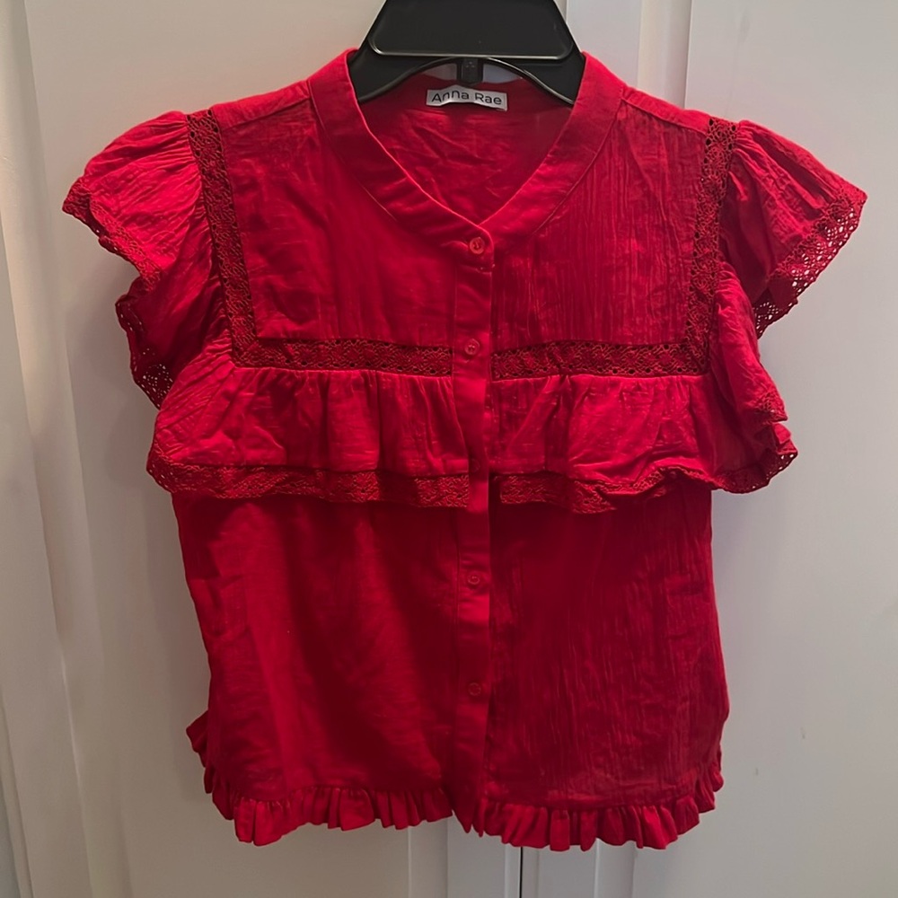 Anna Rae Ruffled Blouse Red Small